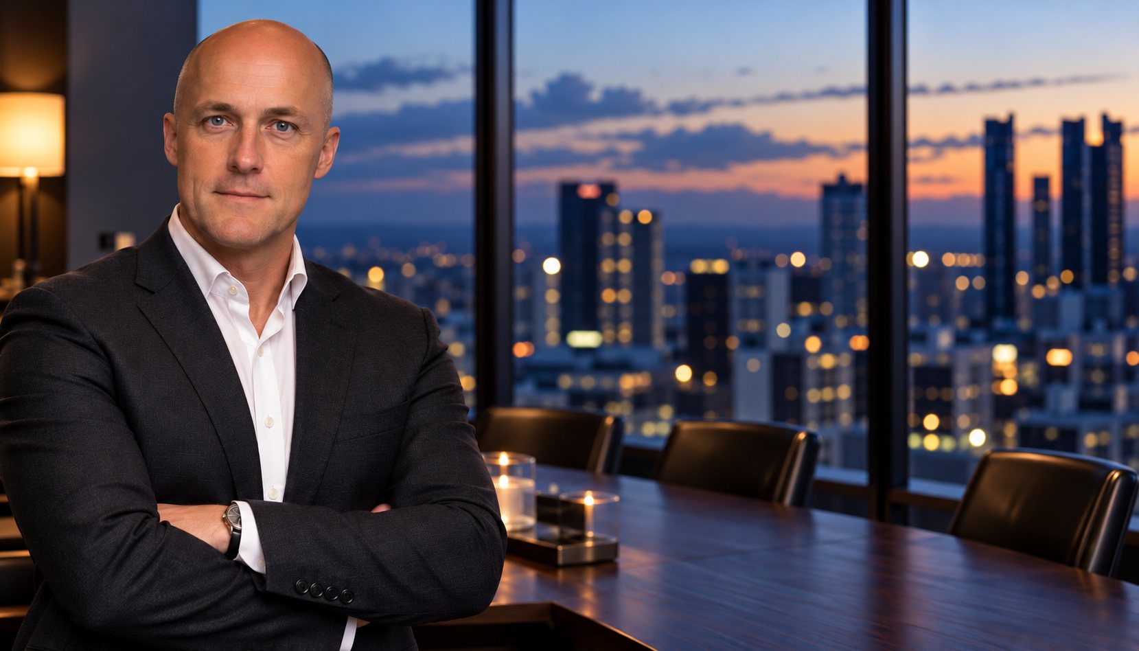 Kevin Grainger, founder of Avanti ESG, in a boardroom overlooking the city at dusk